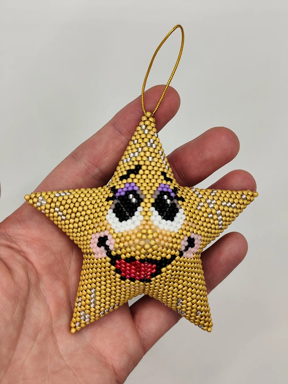 Gold Beaded Star Face Ornament - Decorative Holiday Hanging